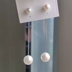 New Pearl Drop Earrings Silver 2 Way